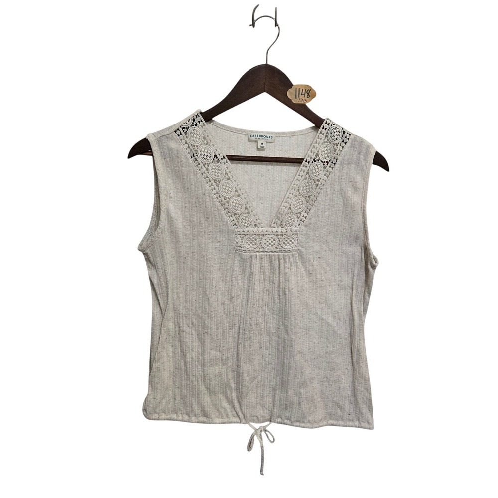 Earthbound Trading Co Women Oatmeal Crochet Lace V-Neck Ribbed Tank Top